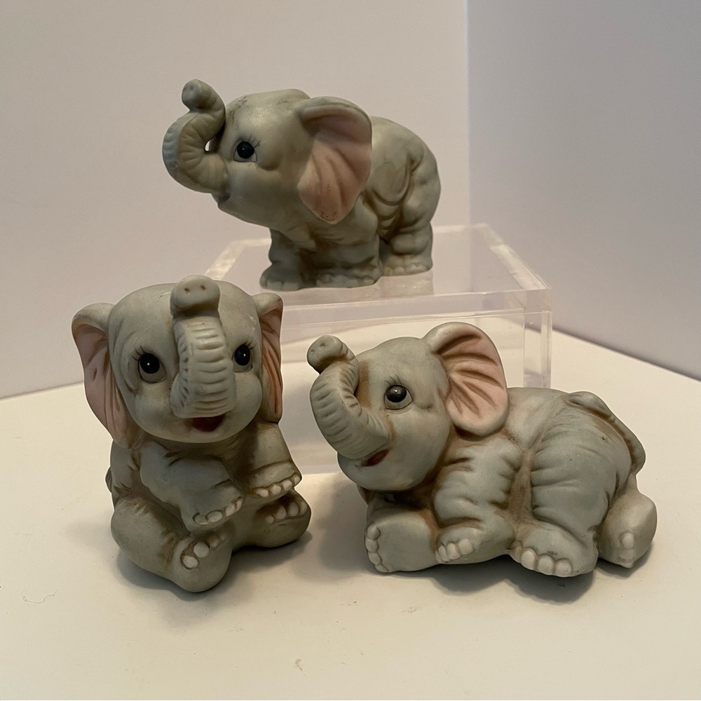 Vintage Homco Set of 3 Baby Elephant Collectible Figurines‎ #1400 Gray